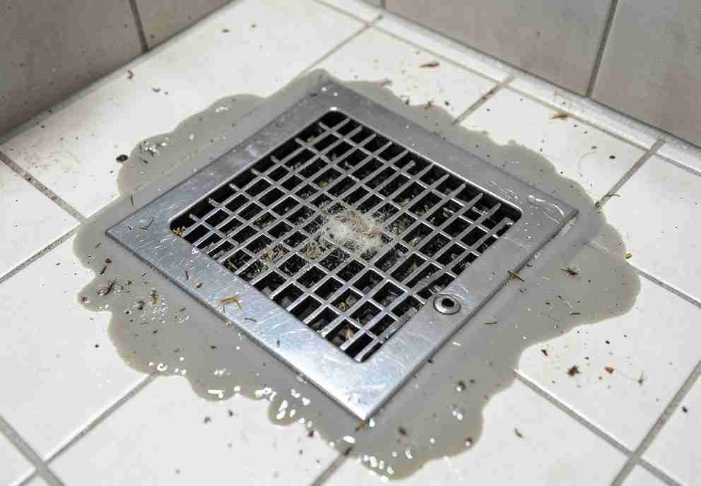 Blocked floor drain with water pooling