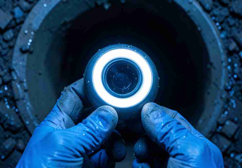 CCTV drain camera head inside a sewer pipe