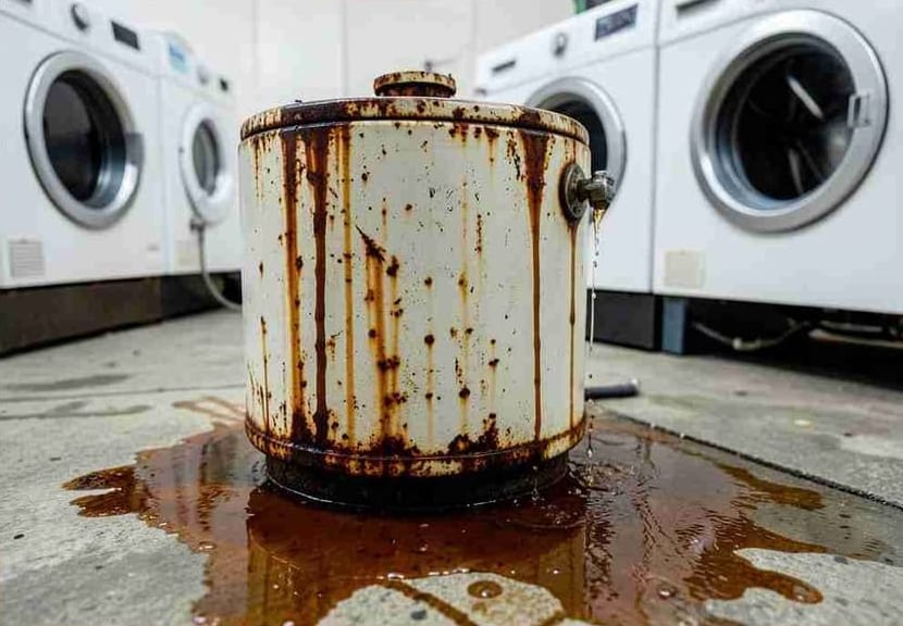 Old corroded hot water tank leaking onto a laundry floor