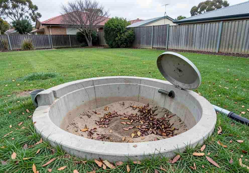 Open soakwell pit silted up with sand in a Perth backyard