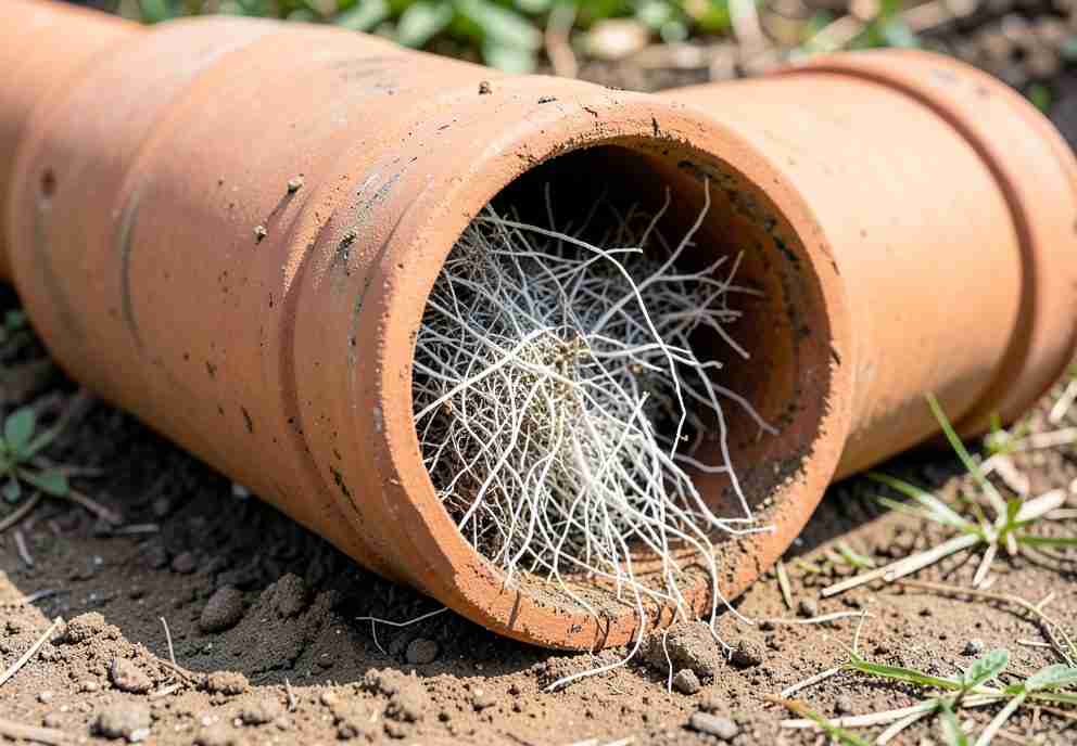 Tree roots growing through a cracked earthenware sewer pipe